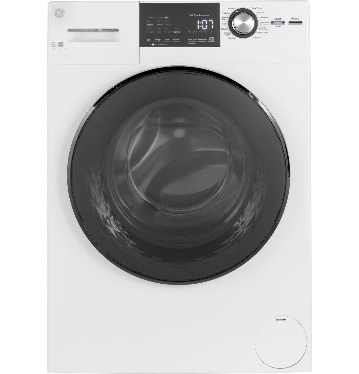 GE 2.4 cu. ft. High-Efficiency Stackable Front-Load Washer with Steam, White, ENERGY STAR (GFW148SSMWW)