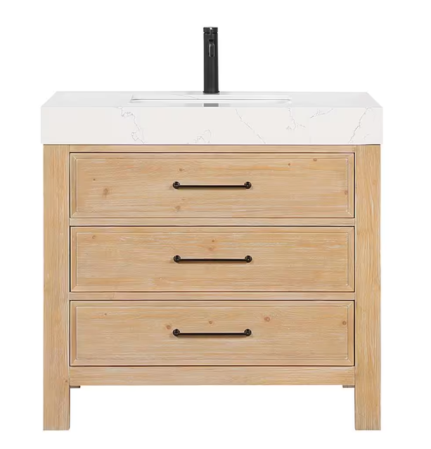 León 36 in.W x 22 in.D x 34 in.H Single Sink Bath Vanity in Fir Wood Brown with White Composite Stone Top