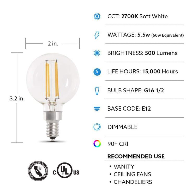 Feit Electric 60-Watt Equivalent G16.5 Candelabra Dimmable Filament ENERGY STAR Clear Glass LED Light Bulb, Soft White (2-Pack)
