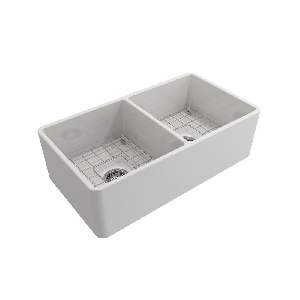 Classico Farmhouse Apron Front Fireclay 33 in. Double Bowl Kitchen Sink with  Bottom Grid and Strainer in White - Super Arbor
