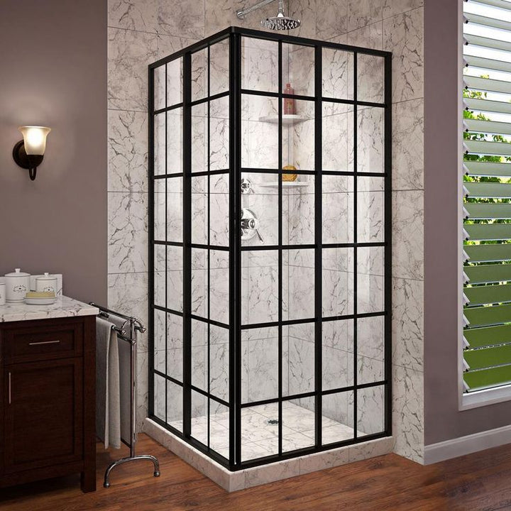DreamLine French Corner 34-1/2 in. x 34-1/2 in. x 72 in. Framed Corner Sliding Shower Enclosure in Satin Black