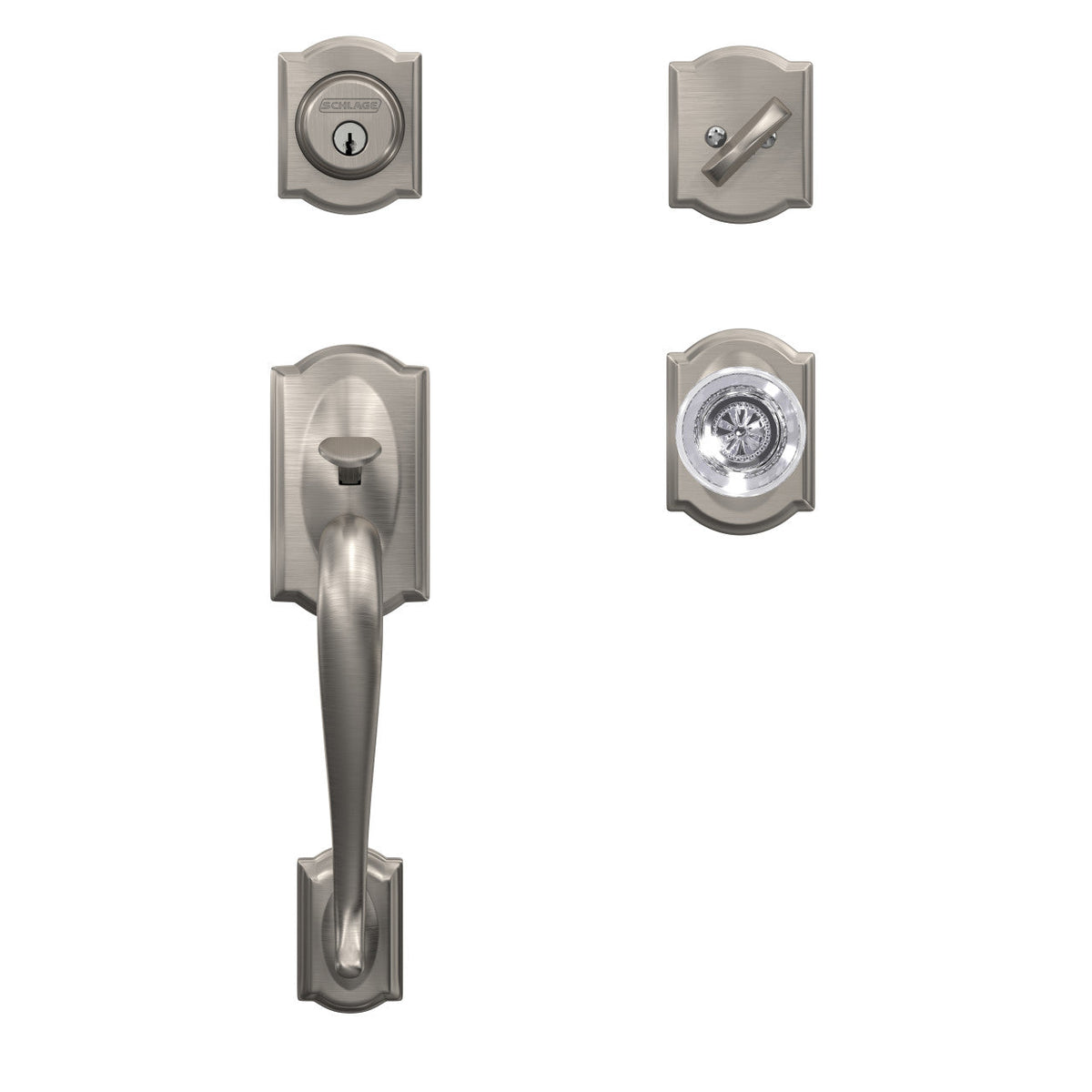 Schlage Custom Camelot Aged Bronze Single Cylinder Door Handleset with Hobson Glass Door Knob and Camelot Trim