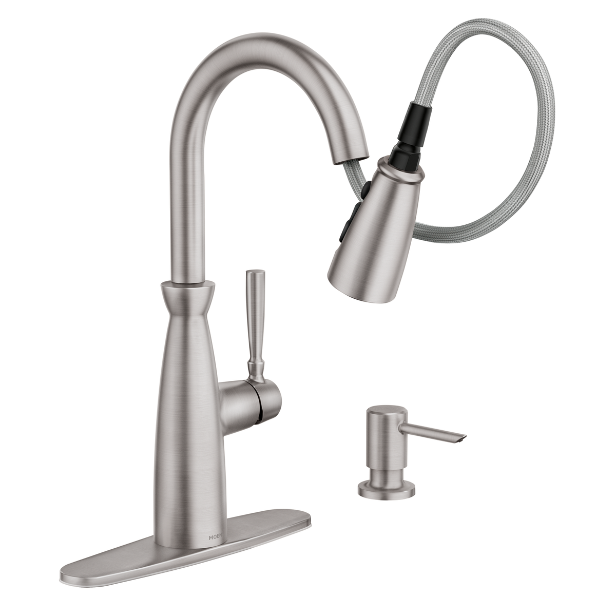Moen Surie Spot Resist Stainless 1‑Handle High Arc Pull‑Down Kitchen Faucet with Deck Plate & Soap Dispenser, 1.5 GPM
