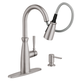 Moen Surie Spot Resist Stainless 1‑Handle High Arc Pull‑Down Kitchen Faucet with Deck Plate & Soap Dispenser, 1.5 GPM