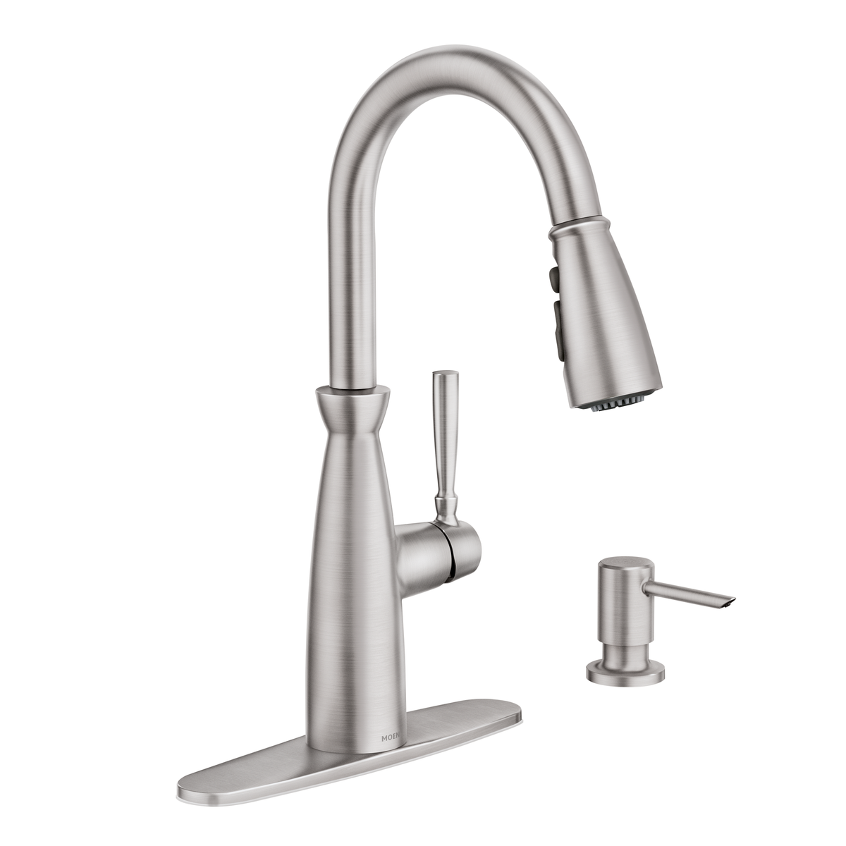 Moen Surie Spot Resist Stainless 1‑Handle High Arc Pull‑Down Kitchen Faucet with Deck Plate & Soap Dispenser, 1.5 GPM