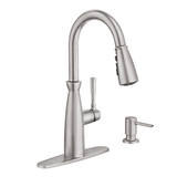 Moen Surie Spot Resist Stainless 1‑Handle High Arc Pull‑Down Kitchen Faucet with Deck Plate & Soap Dispenser, 1.5 GPM