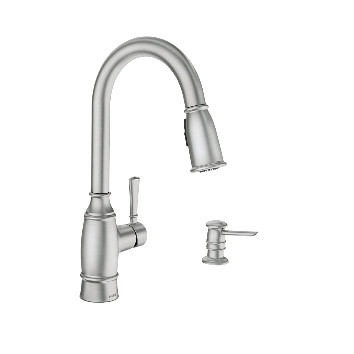 Moen Noell Single-Handle Pull-Down Kitchen Faucet with Reflex, Power Clean & Soap Dispenser – Mediterranean Bronze