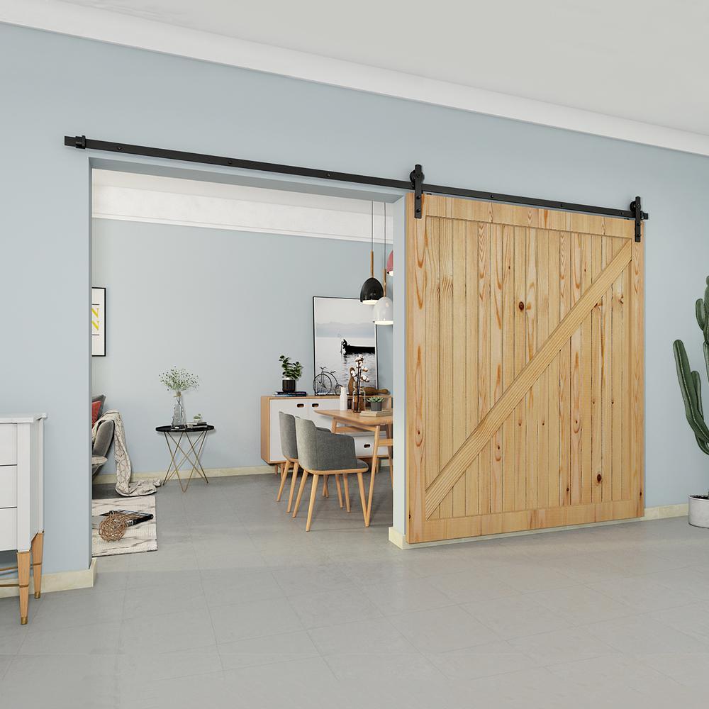 12 ft./144 in Black Straight Strap Sliding Barn Door Track and Hardware Kit for Single Door with Floor Guide - Super Arbor