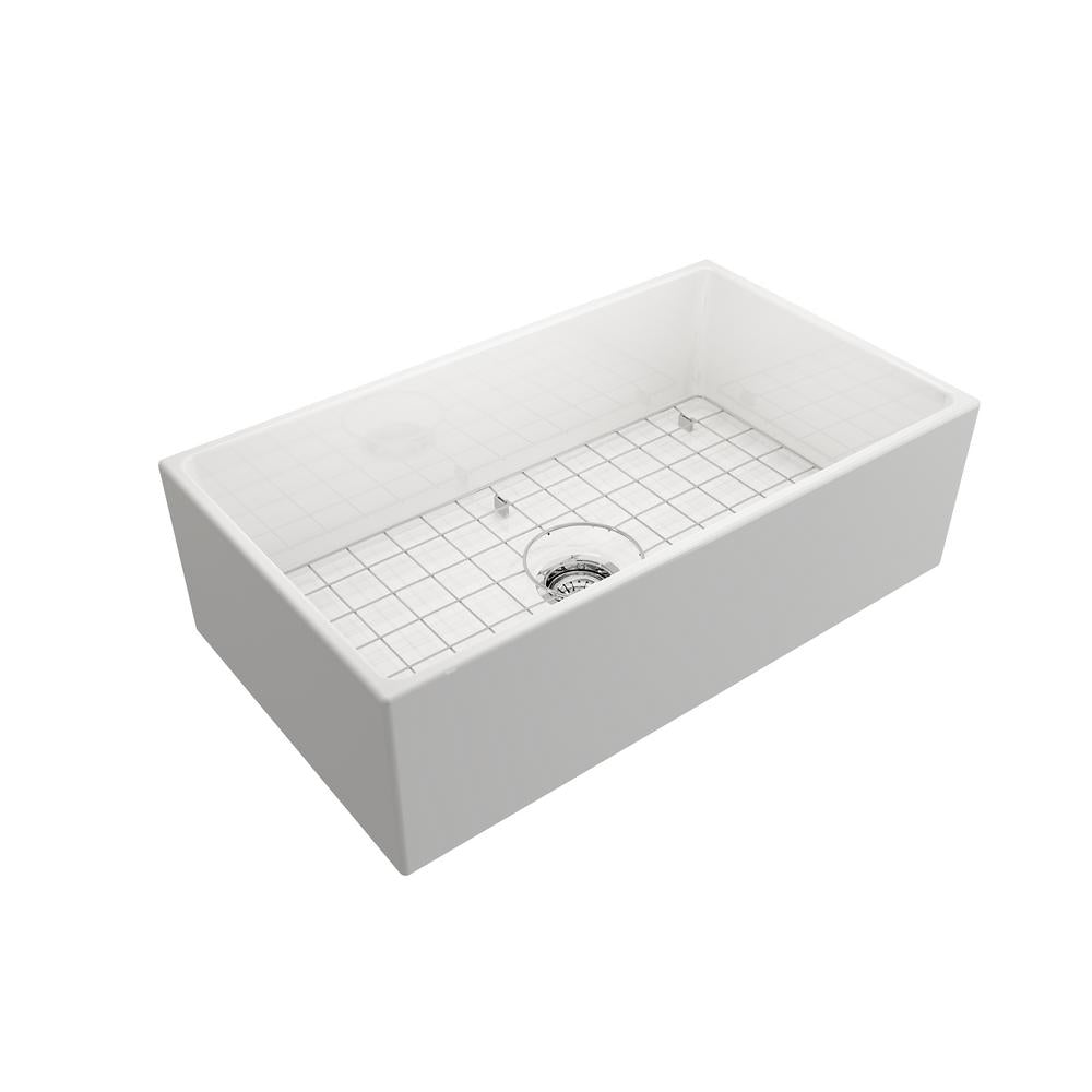 Farmhouse Apron-Front Fireclay 33 in. Single Bowl Kitchen Sink in White with Grid - Super Arbor