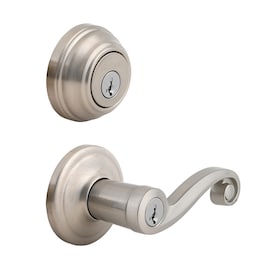 Kwikset Lido Satin Nickel Smartkey Single-Cylinder Deadbolt Universal Keyed Entry Door Handle Combo Pack (1 Handle and 1 Deadbolt) - Super Arbor