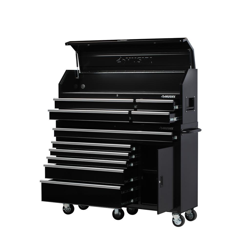 61 in. W 10-Drawer 1-Door Combination Tool Chest and Rolling Cabinet Set in Gloss Black