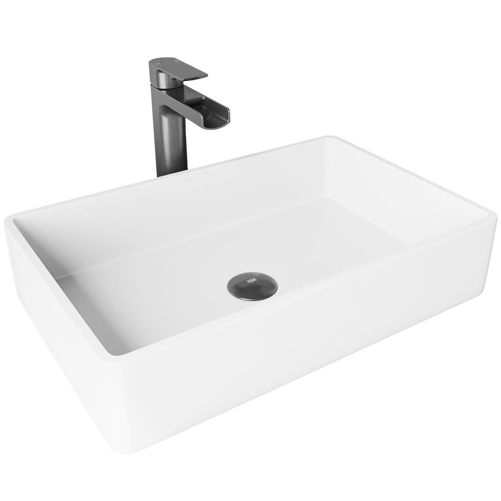 Cast Stone Dahlia Concrete Rectangular Vessel Bathroom Sink in Ash Gray with Faucet and Pop-Up Drain in Graphite Black - Super Arbor