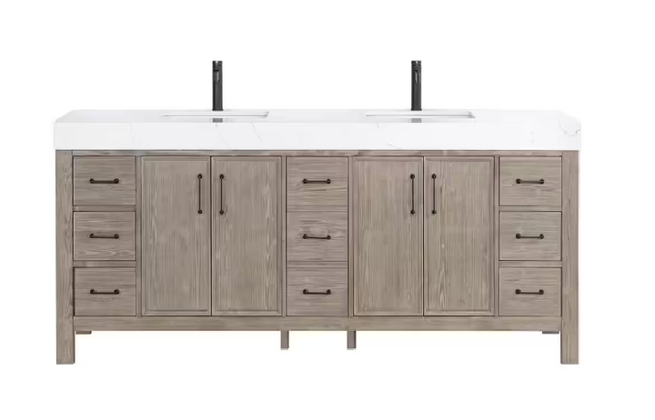 León 84 in.W x 22 in.D x 34 in.H Double Sink Bath Vanity in Fir Wood Grey with White Composite Stone Top