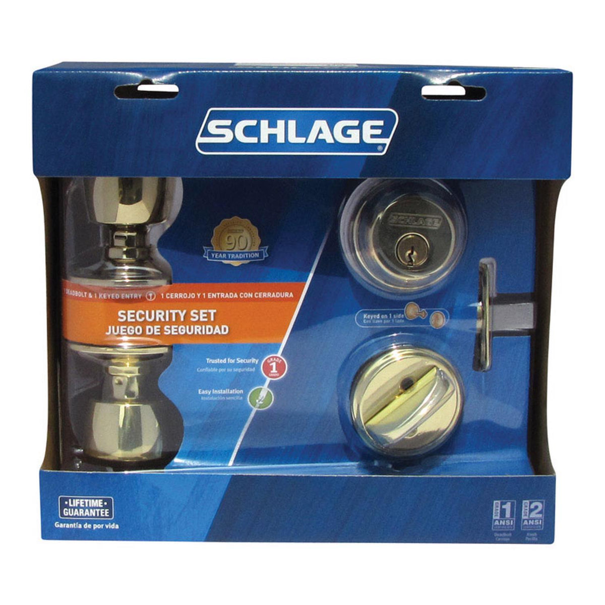 Schlage Bell Bright Brass Knob and Single Cylinder Deadbolt, ANSI Grade 2, 1-3/4 in. Door Thickness