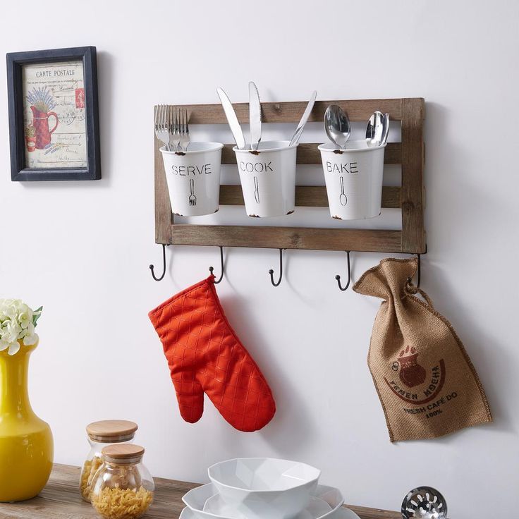 Hanging Metal Utensil Caddy with Hooks and Tin Buckets