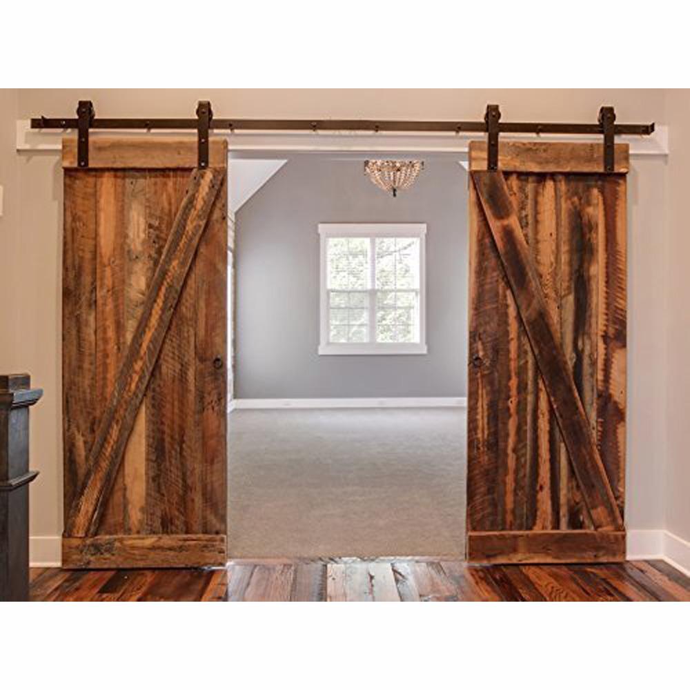 72 in. Frosted Black Sliding Barn Door Hardware Track Kit for Double Doors with Non-Routed Floor Guide - Super Arbor