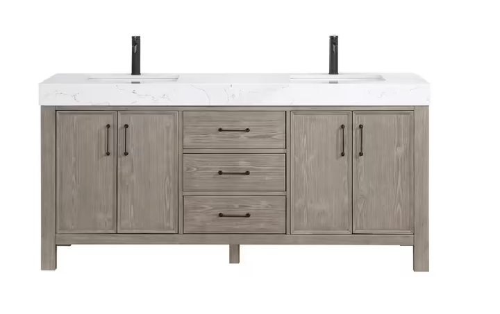León 72 in.W x 22 in.D x 34 in.H Double Sink Bath Vanity in Fir Wood Grey with White Composite Stone Top