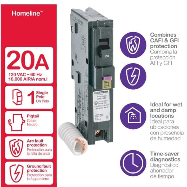 Square D Homeline 20 Amp Single-Pole Dual Function (CAFCI and GFCI) Circuit Breaker