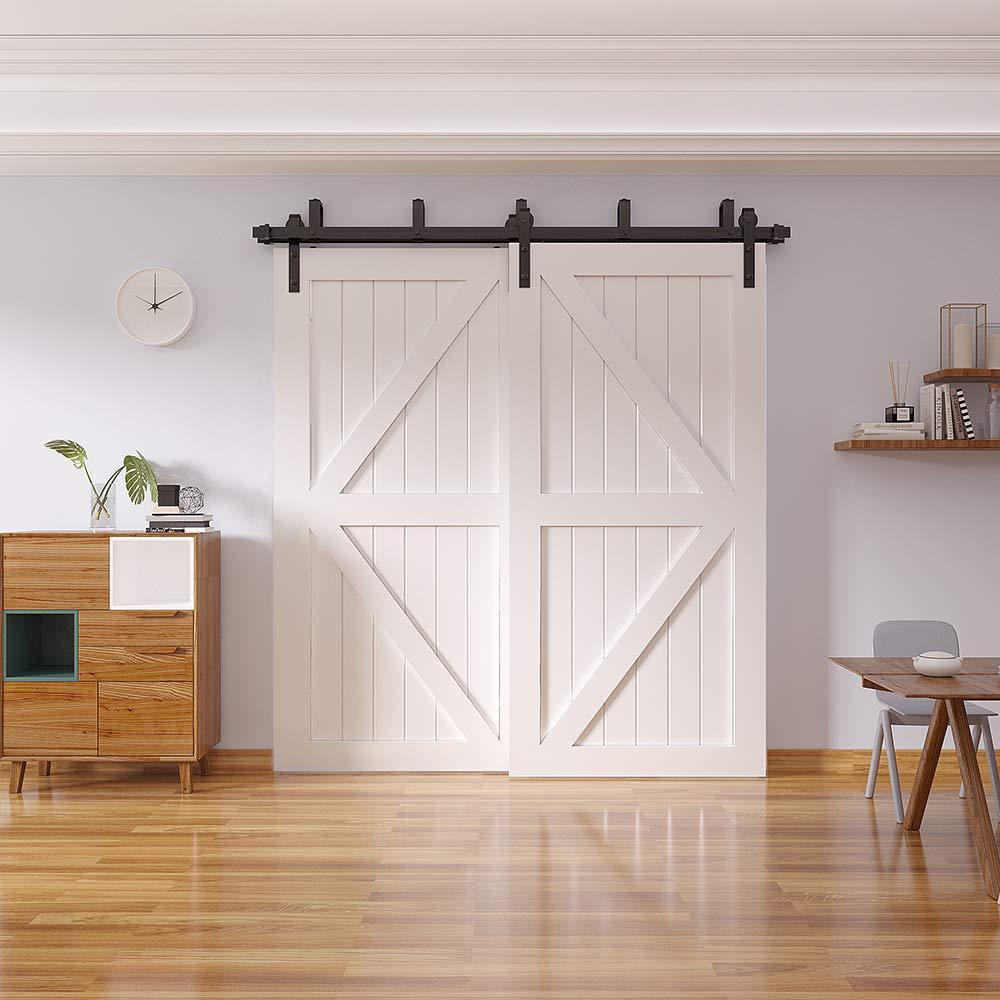 12 ft./144 in. Powder Coated Black Heavy-Duty Bypass Double Door Sliding Barn Door Hardware Classic Design Roller - Super Arbor
