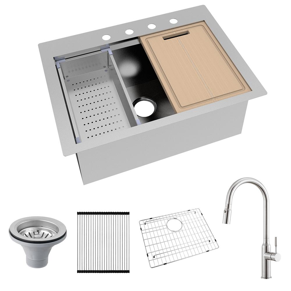 All-in-One Drop-In Stainless Steel 32 in. 4-Hole Single Bowl Kitchen Workstation Sink with Faucet and Accessories - Super Arbor
