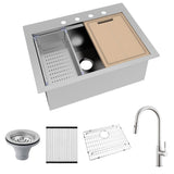 All-in-One Drop-In Stainless Steel 32 in. 4-Hole Single Bowl Kitchen Workstation Sink with Faucet and Accessories - Super Arbor