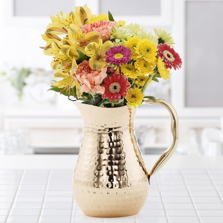 1.5 Qt. Decor Copper Hammered Water Pitcher in Brass Ice Guard and Handle