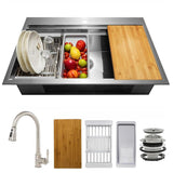 Handmade All-in-One Topmount Stainless Steel 32 in. x 22 in. Single Bowl Kitchen Sink with Pull-down Faucet and Colander
