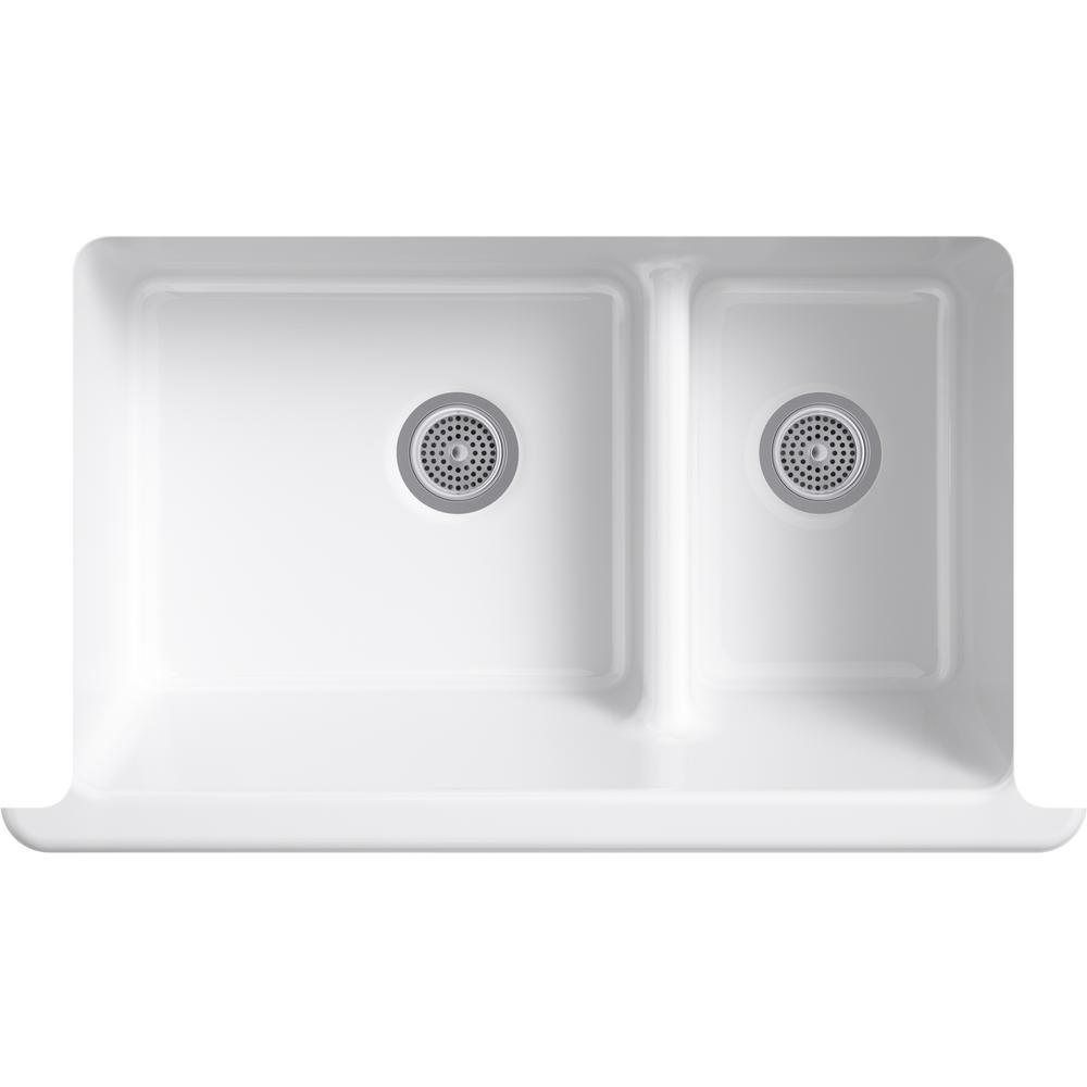 Whitehaven SmartDivide Undermount Farmhouse Tall Apron Front 36 in. Double Bowl Kitchen Sink White with Basin Racks - Super Arbor