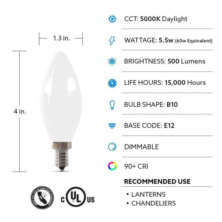 Feit Electric 60-Watt Equivalent B10 Candelabra Dimmable Filament CEC Frosted Glass Chandelier LED Light Bulb, Daylight (2-Pack)