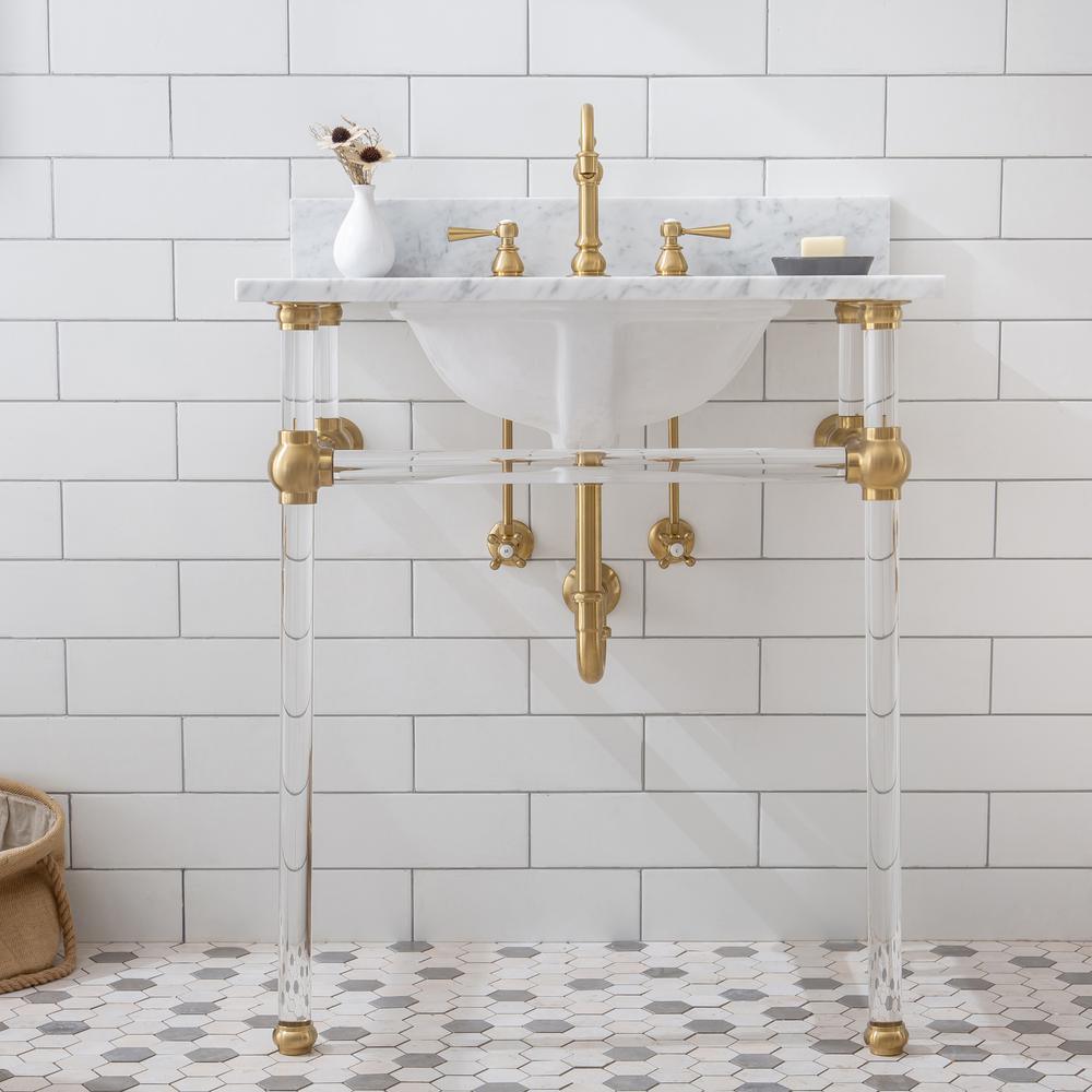 Empire 30 in. Acrylic Wash Stand with Satin Brass P-Trap Kit, Faucet, Marble Counter Top, and White Basin - Super Arbor