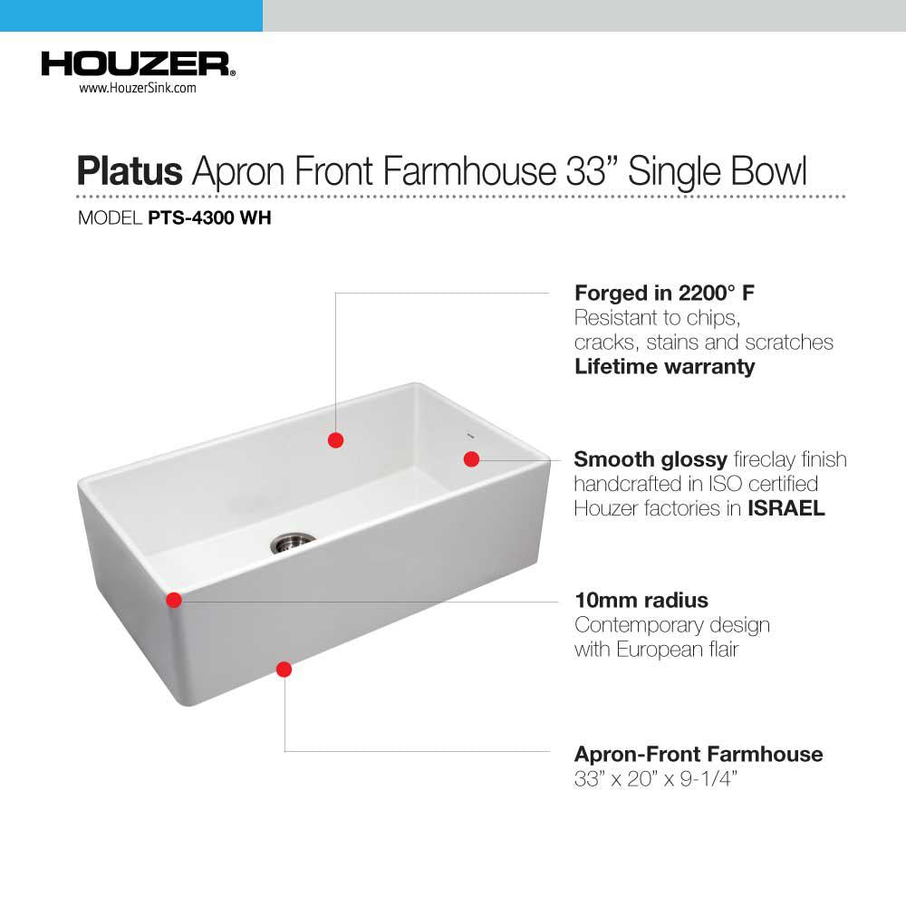 Platus Series Farmhouse Apron Front Fireclay 33 in. Single Bowl Kitchen Sink in White - Super Arbor