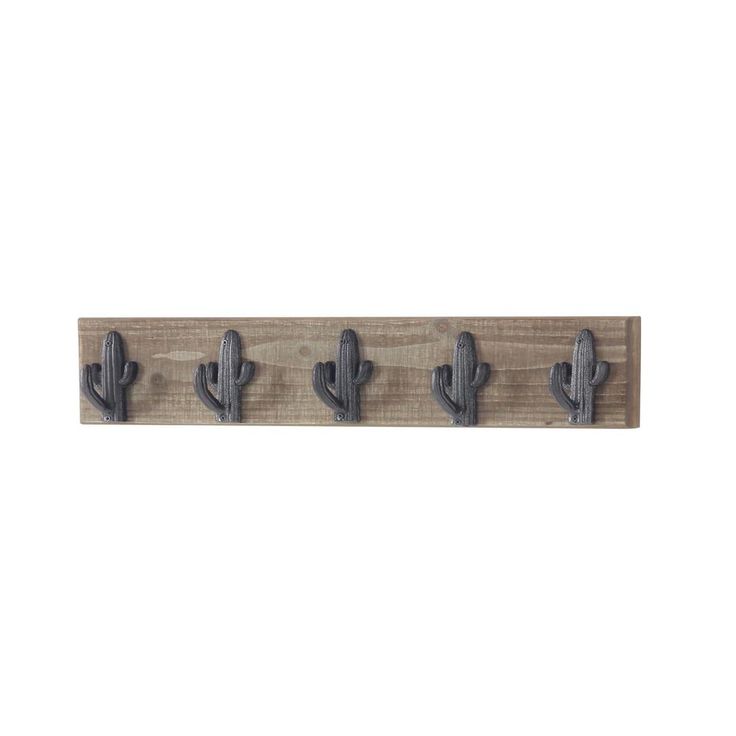Brown Wood Wall Hook Rack with Black Iron Cactus Hooks