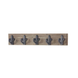 Brown Wood Wall Hook Rack with Black Iron Cactus Hooks