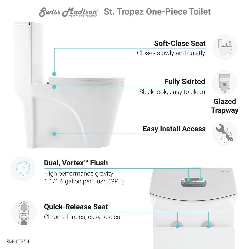 St. Tropez 1-Piece 0.8/1.28 GPF Dual Flush Elongated Toilet in White - Super Arbor