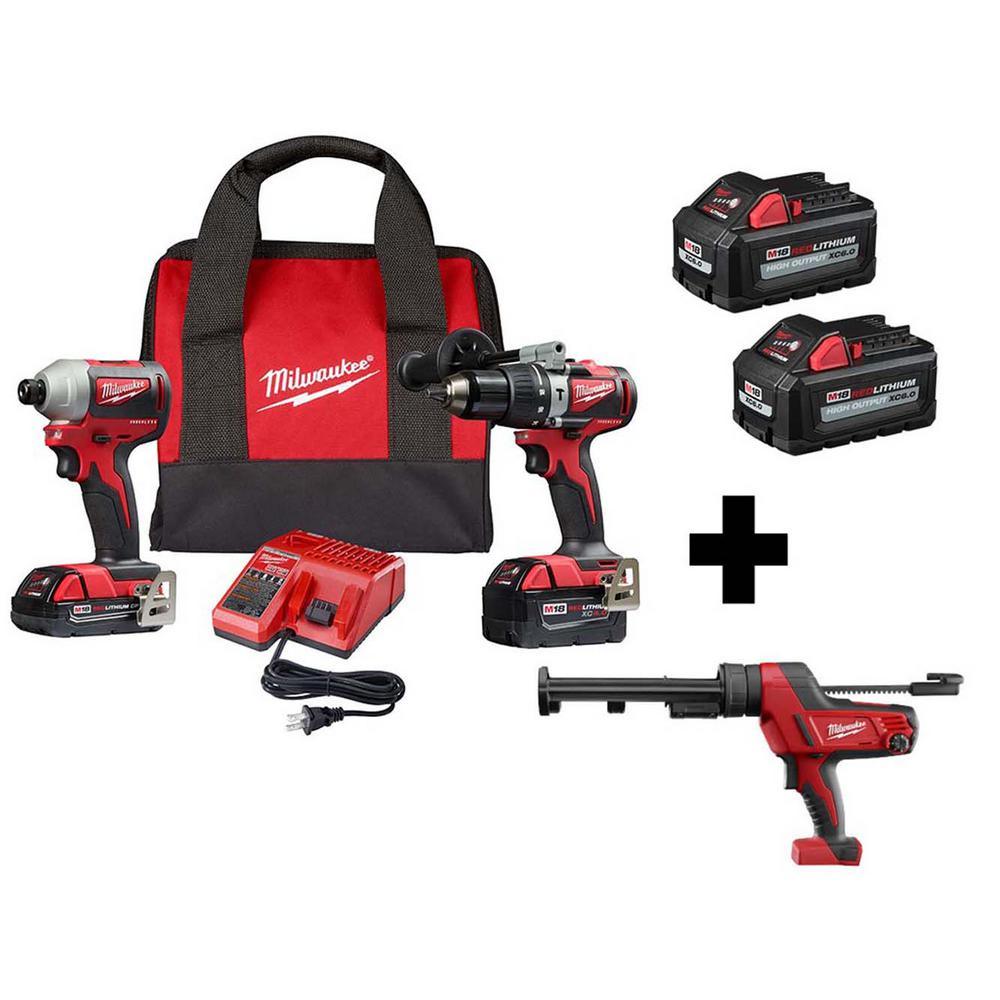 M18 18-Volt Lithium-Ion Brushless Cordless Hammer Drill/Impact/Caulk Gun Combo Kit (3-Tool) with 4-Batteries - Super Arbor