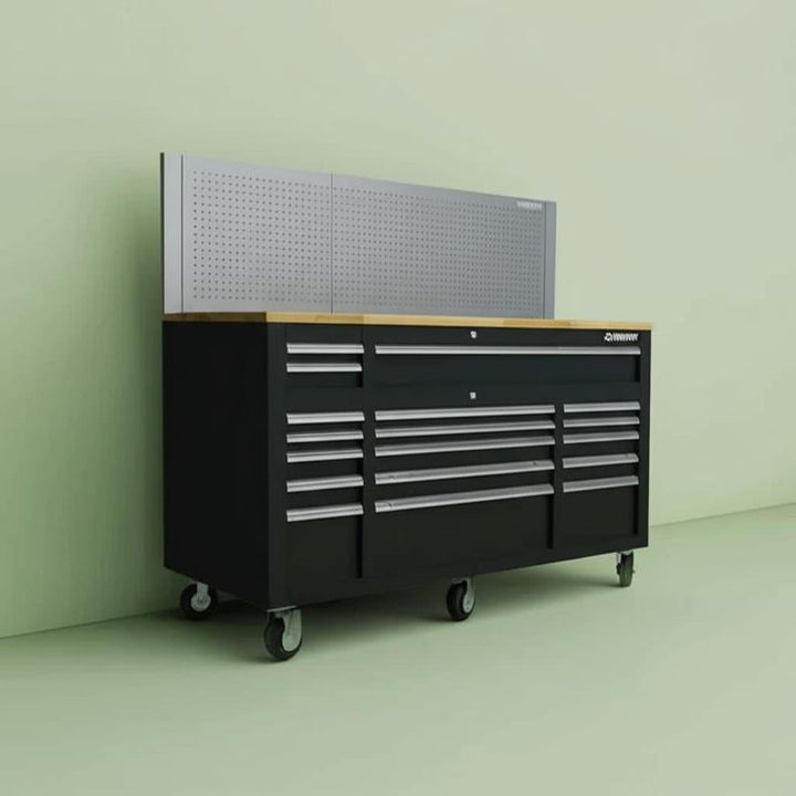 Husky 72-inch Mobile Workbench with Solid Wood Top and Pegboard