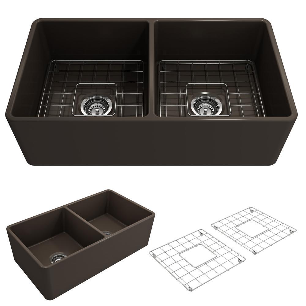 Classico Farmhouse Apron Front Fireclay 33 in. Double Bowl Kitchen Sink with  Bottom Grid and Strainer in White - Super Arbor