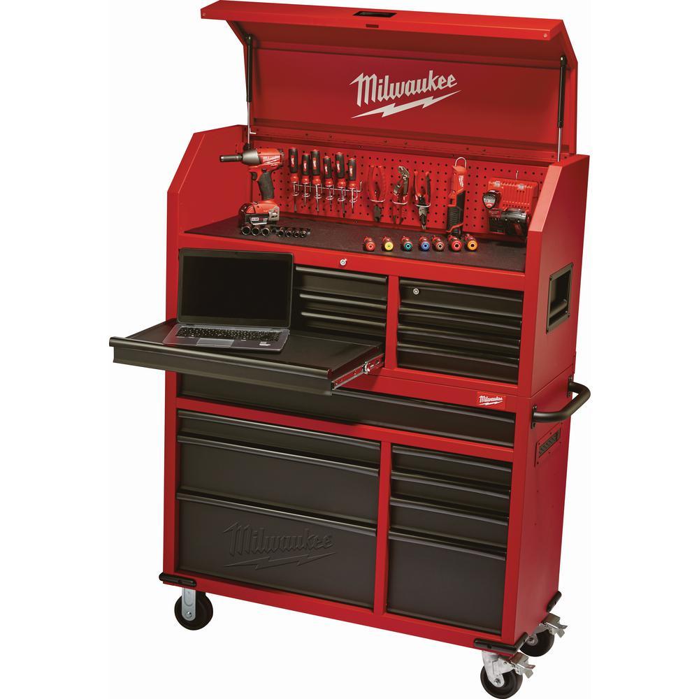 46 in. 16-Drawer Steel Tool Chest and Rolling Cabinet Set, Textured Red and Black Matte - Super Arbor