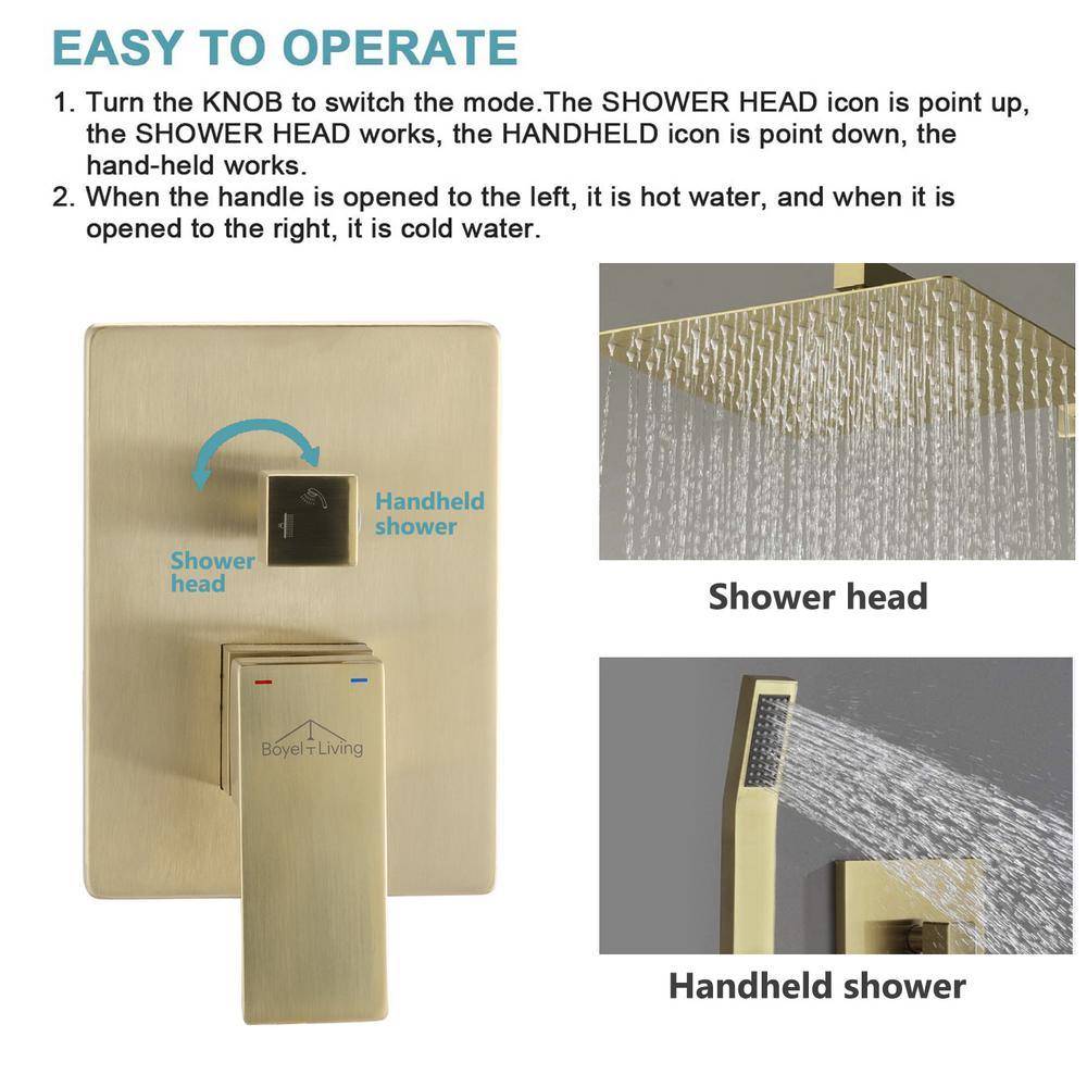 Shower System Wall Mounted with 10 in. Square Rainfall Shower head and Handheld Shower Head Set, Brushed Gold - Super Arbor