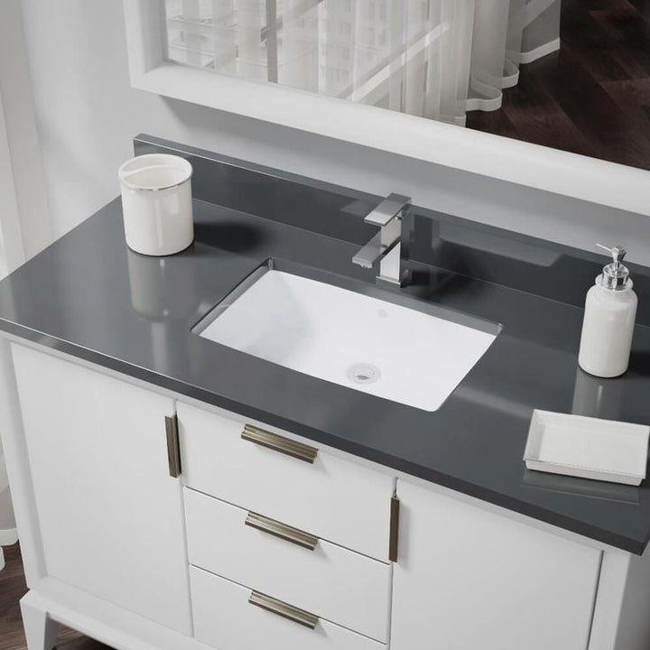 Rene Undermount Porcelain Bathroom Sink in White with Pop-Up Drain in Chrome