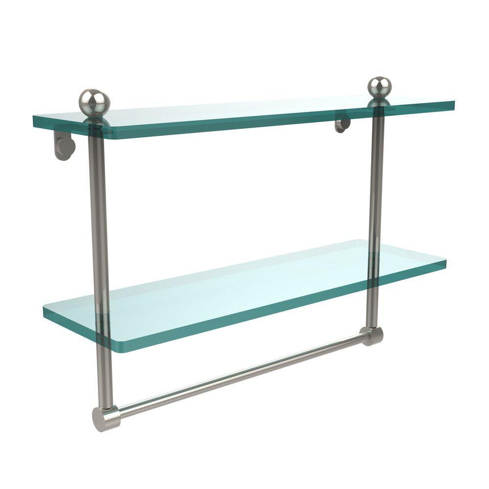 16 in. L  x 12 in. H  x 5 in. W 2-Tier Clear Glass Bathroom Shelf with Towel Bar in Satin Nickel - Super Arbor