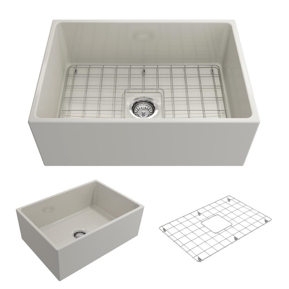 Contempo Farmhouse Apron Front Fireclay 27 in. Single Bowl Kitchen Sink with Bottom Grid and Strainer in White - Super Arbor