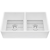 Matte Stone White Composite 33 in. Double Bowl Reversible Flat Farmhouse Apron-Front Kitchen Sink with 2 Strainers - Super Arbor