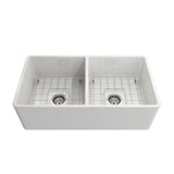 Classico Farmhouse Apron Front Fireclay 33 in. Double Bowl Kitchen Sink with  Bottom Grid and Strainer in White - Super Arbor