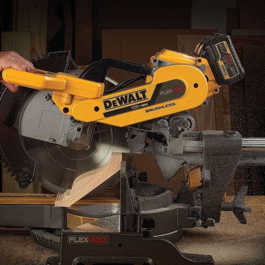 FLEXVOLT 120-Volt MAX Lithium-Ion Cordless Brushless 12 in. Sliding Miter Saw w/ (2) Batteries 2Ah and Bonus Radio