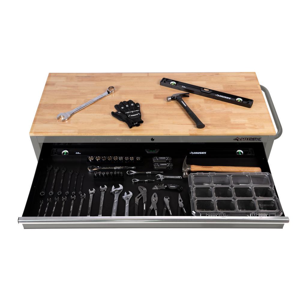 56 in. W x 24.5 in. D 5-Drawer 1-Door Tool Chest Mobile Workbench with Solid Wood Top in Matte Gray