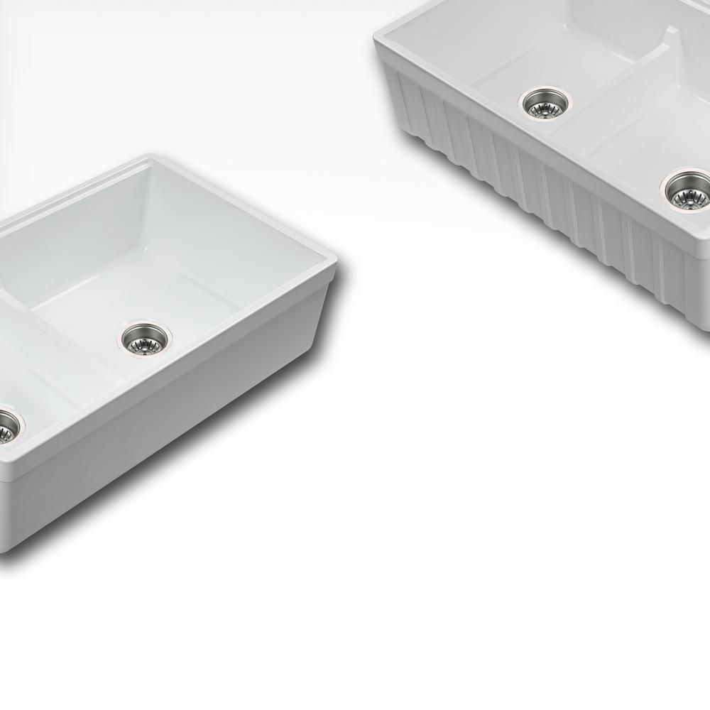 Yorkshire Farmhouse Fireclay 33 in. 55/45 Double Bowl Kitchen Sink with Cutting-Board, Grid and Strainer in White - Super Arbor