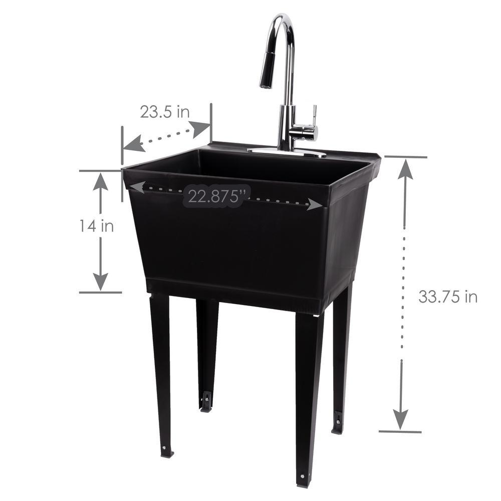 Complete 22.875 in. x 23.5 in. Black 19 Gal. Utility Sink Set with Metal Hybrid Chrome High Arc Pull-Down Faucet - Super Arbor