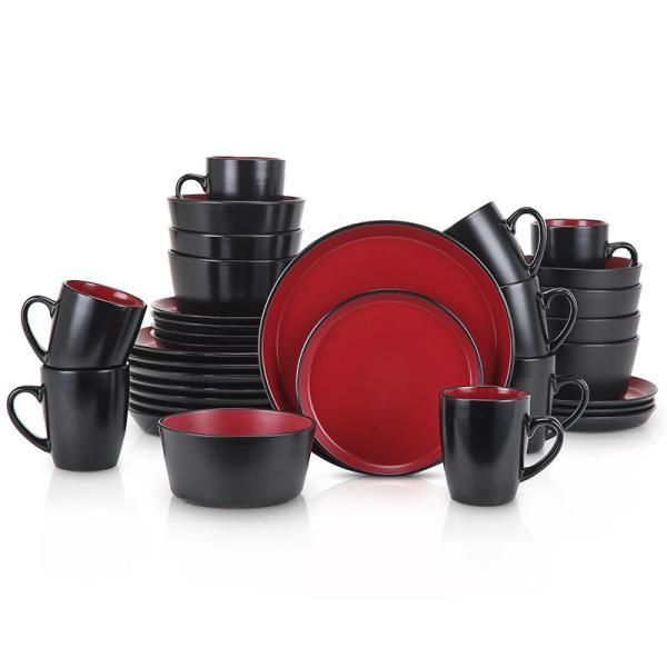 32-Piece Casual Red and Black Stoneware Dinnerware Set (Set for 8)