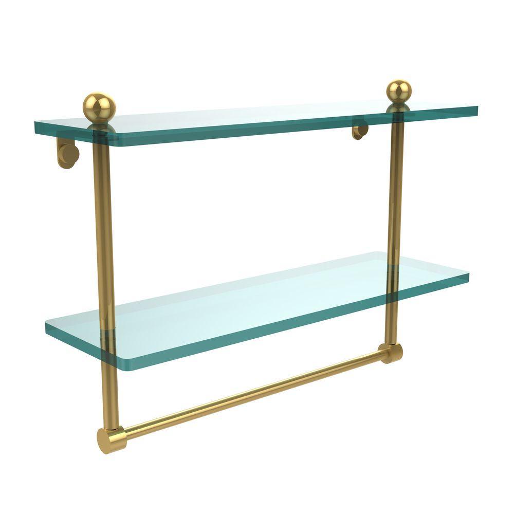 16 in. L  x 12 in. H  x 5 in. W 2-Tier Clear Glass Bathroom Shelf with Towel Bar in Satin Nickel - Super Arbor